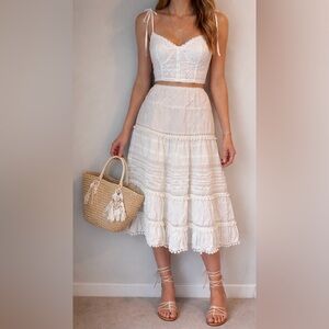 NEIMAN MARCUS Embroidered Lace BoHo Midi White Skirt Womens size Medium